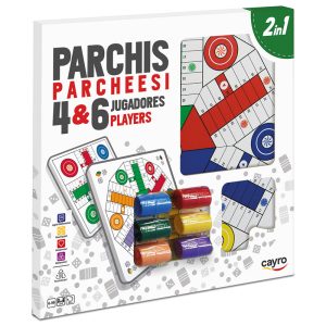 TABLERO PARCHÍS 4 Y 6 JUGADORES DE MADERA CON ACC. 40X40 CM Y CAJA DE CARTÓN.
