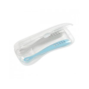 Juego 2 cucharas soft silicona + estuche 1da edad gris claro / azul