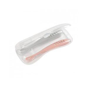 Juego 2 cucharas soft silicona + estuche 1da edad rosa palo/ gris claro