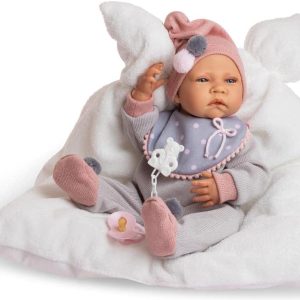 Muñeco New Born Niña 45 Cm Con Almohada Blanca y Pijama Gris de Lana con Babero (BERJUAN)